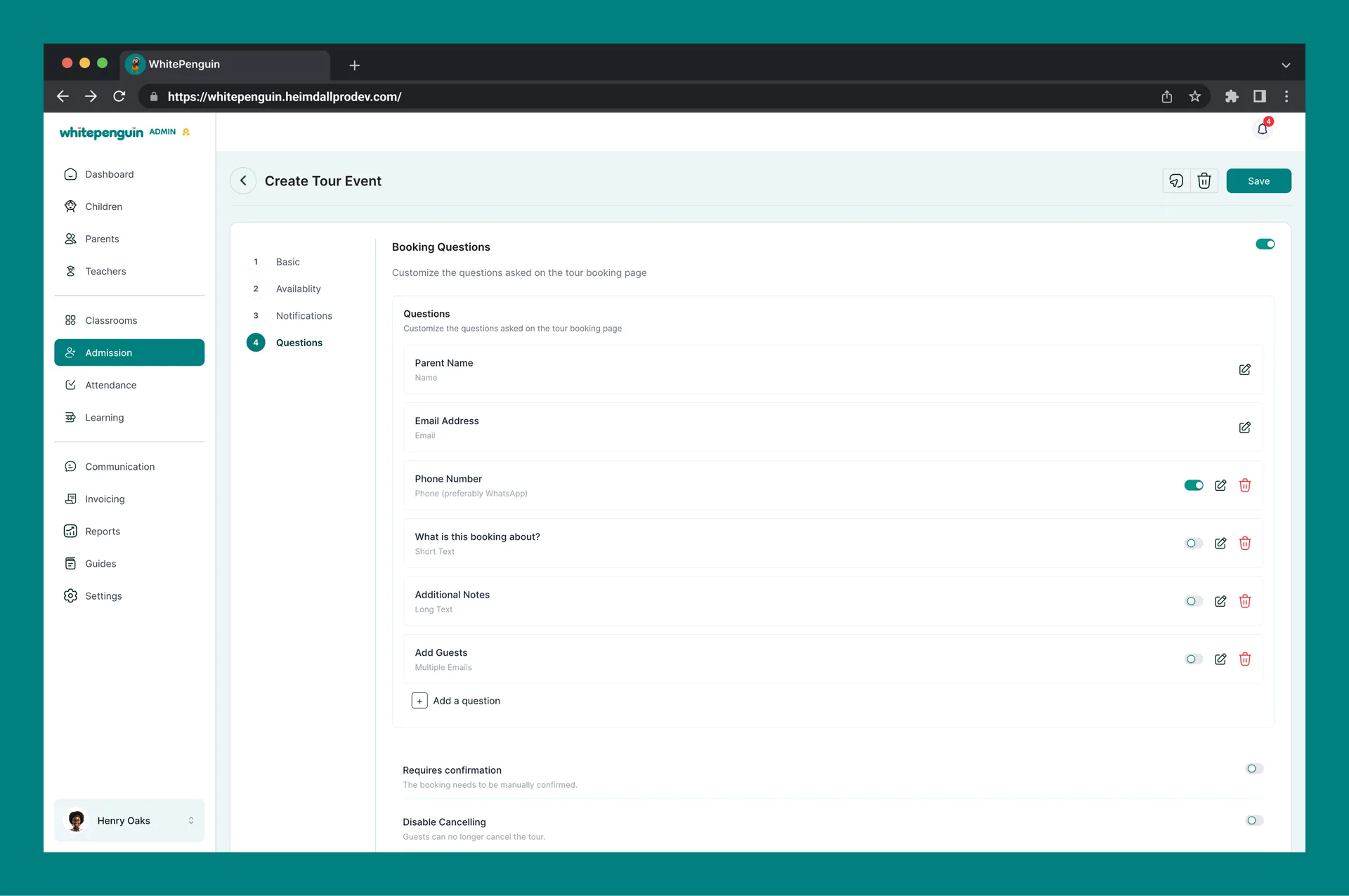 Manage Tours & Forms — 4. Questions (required)