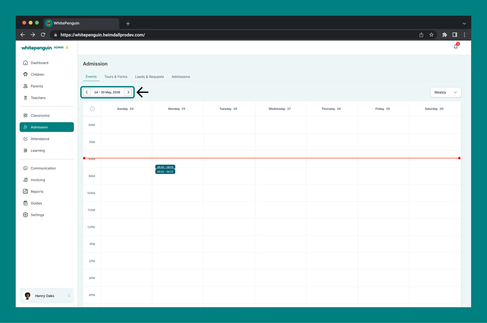 View Events Calendar — 1. Date Range Navigator (top left)