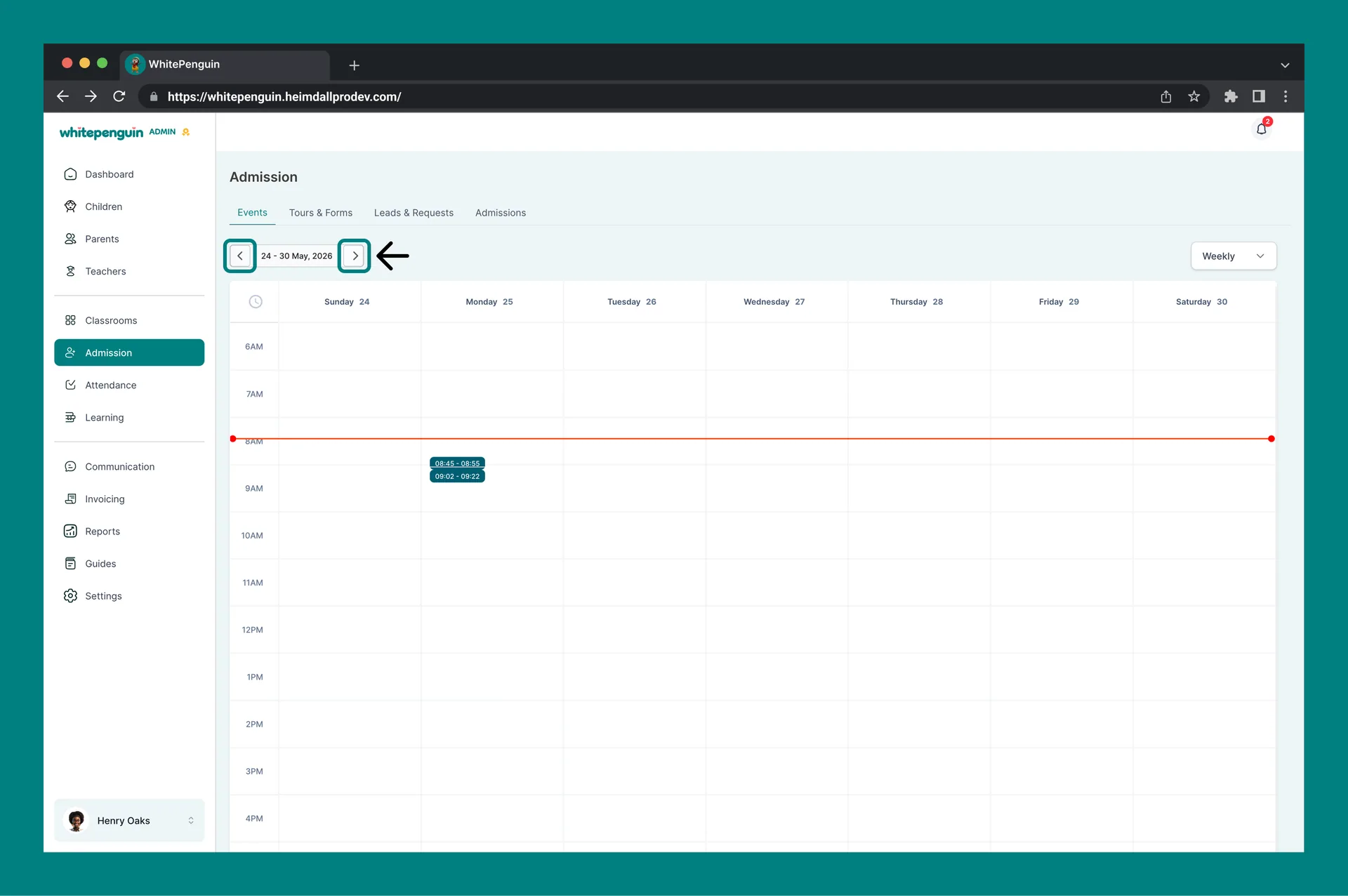 View Events Calendar — 1. Date Range Navigator (top left)