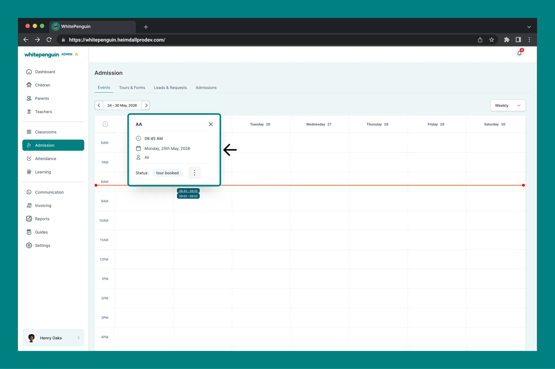 View Events Calendar — 1. Open a Booking