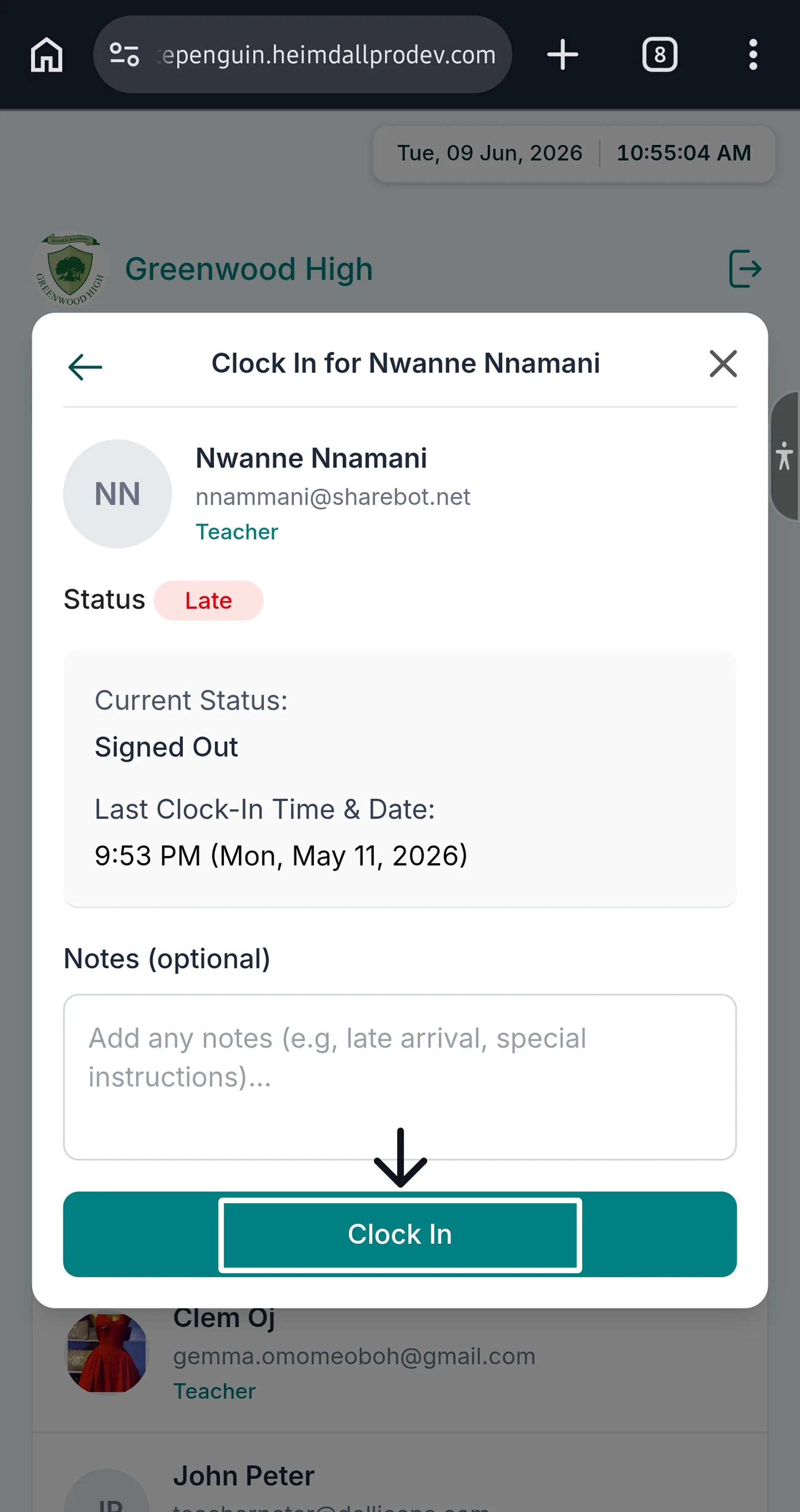 Clock In using Kiosk (Admin/Teacher - Parent) — Step 3: Confirm Clock In