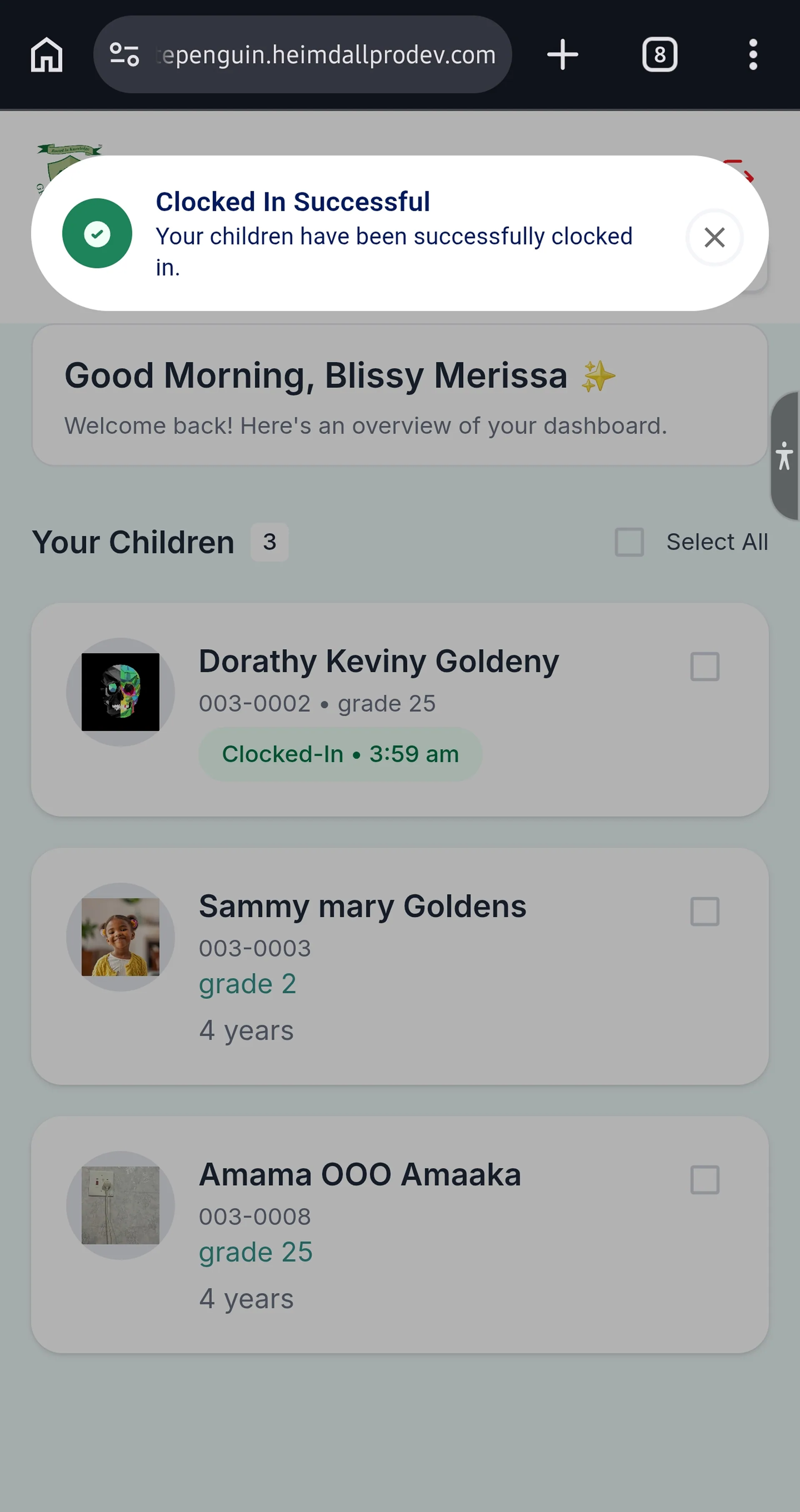 Clock In using Kiosk (Admin/Teacher - Parent) — Step 5: Confirmation
