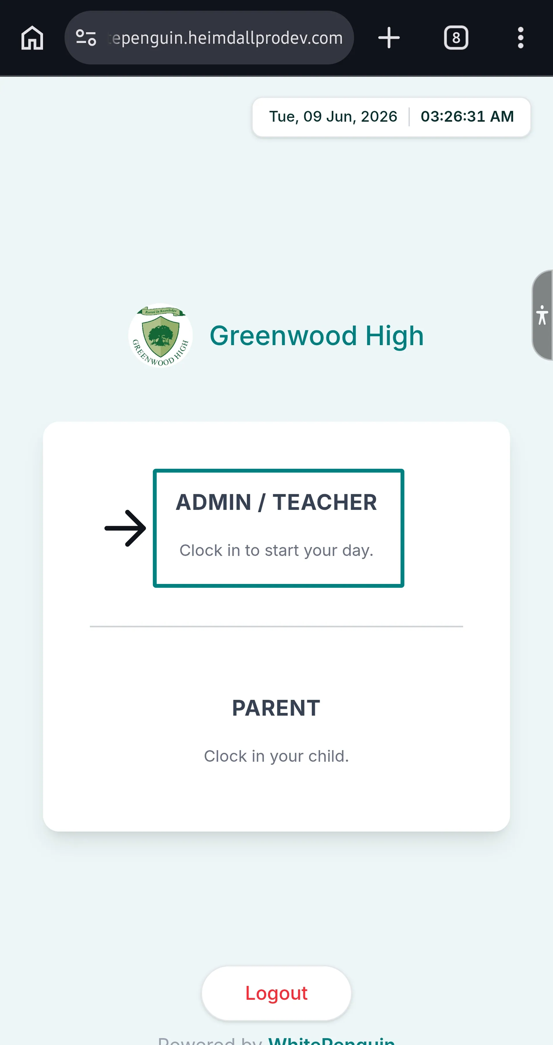 Clock Out using Kiosk (Admin/Teacher - Parent) — Step 1: Access the Staff Interface