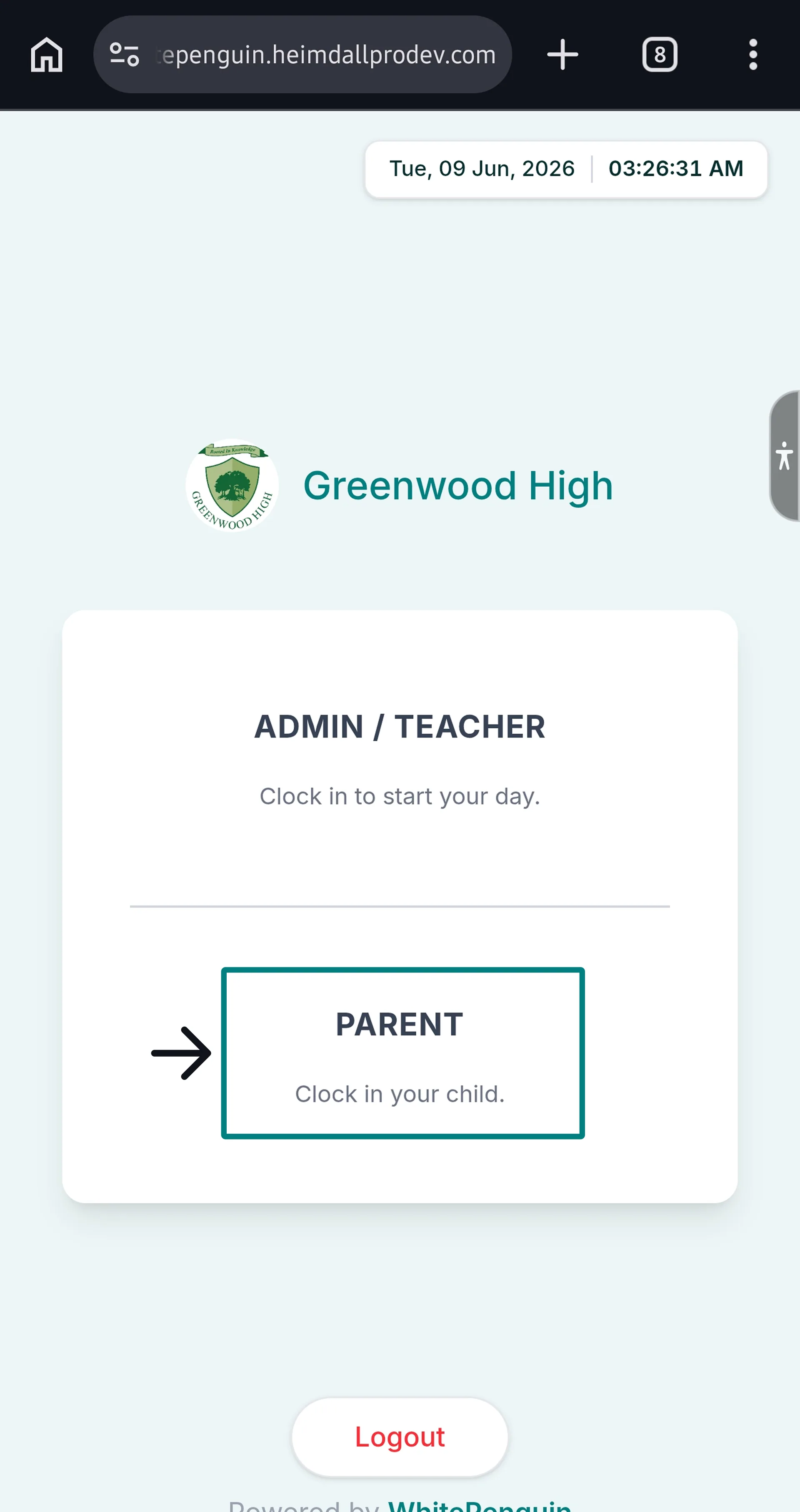Clock Out using Kiosk (Admin/Teacher - Parent) — Step 1: Access the Parent Interface