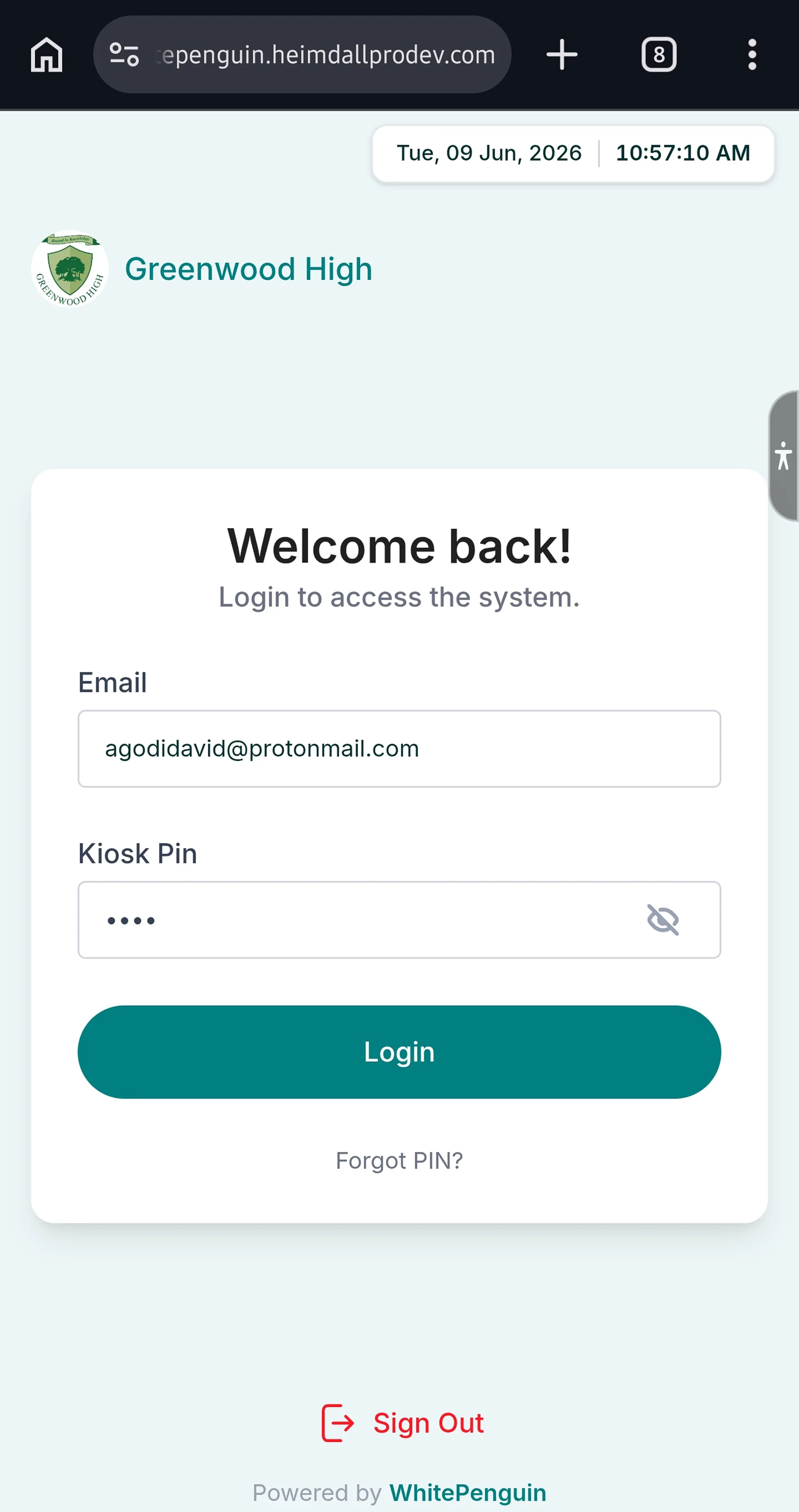 Clock Out using Kiosk (Admin/Teacher - Parent) — Step 2: Log In