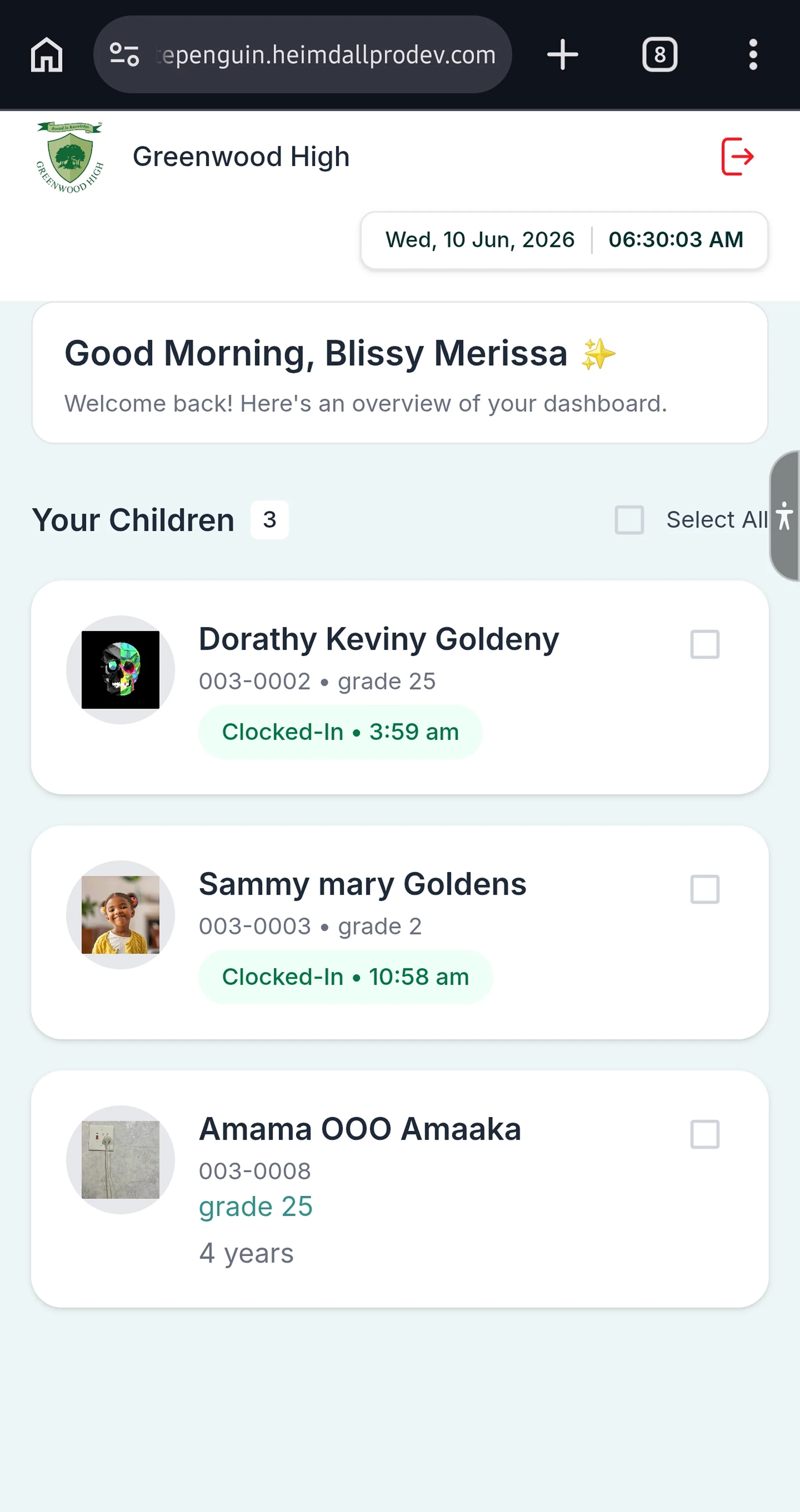 Clock Out using Kiosk (Admin/Teacher - Parent) — Step 3: View Your Children Dashboard