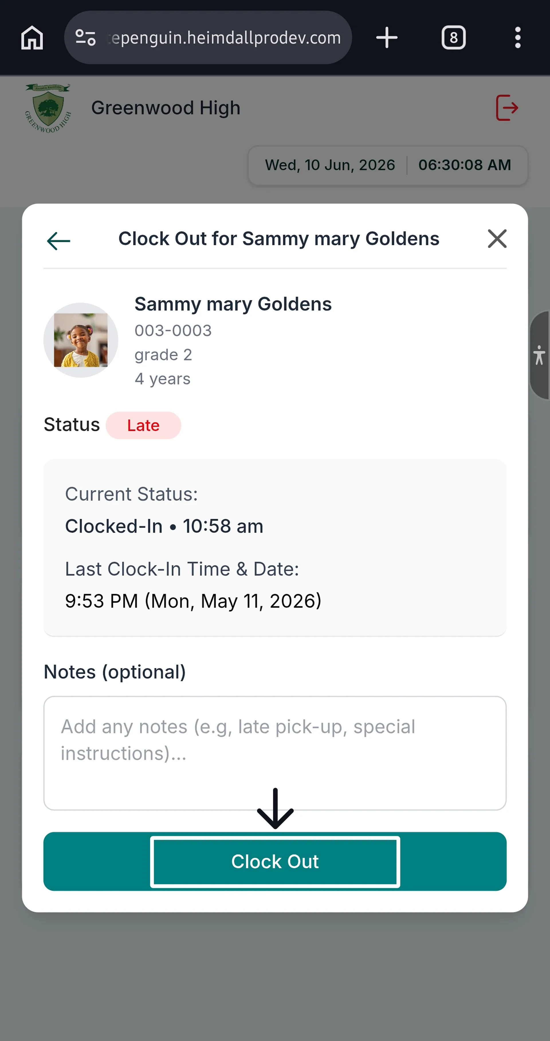 Clock Out using Kiosk (Admin/Teacher - Parent) — Step 4: Select Child & Clock Out