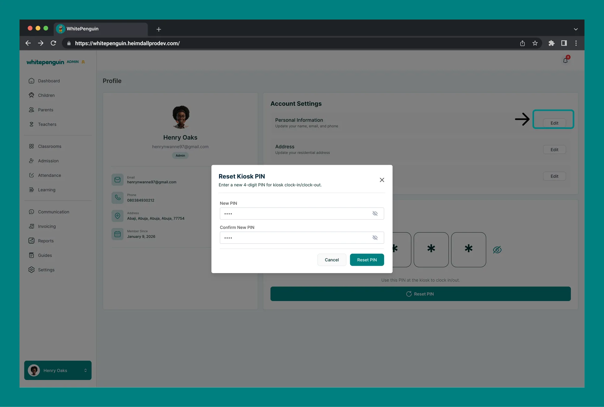 Setup & Reset Kiosk PIN (Admin/ Teacher - Parent) — How to Reset the Kiosk PIN (Admin)