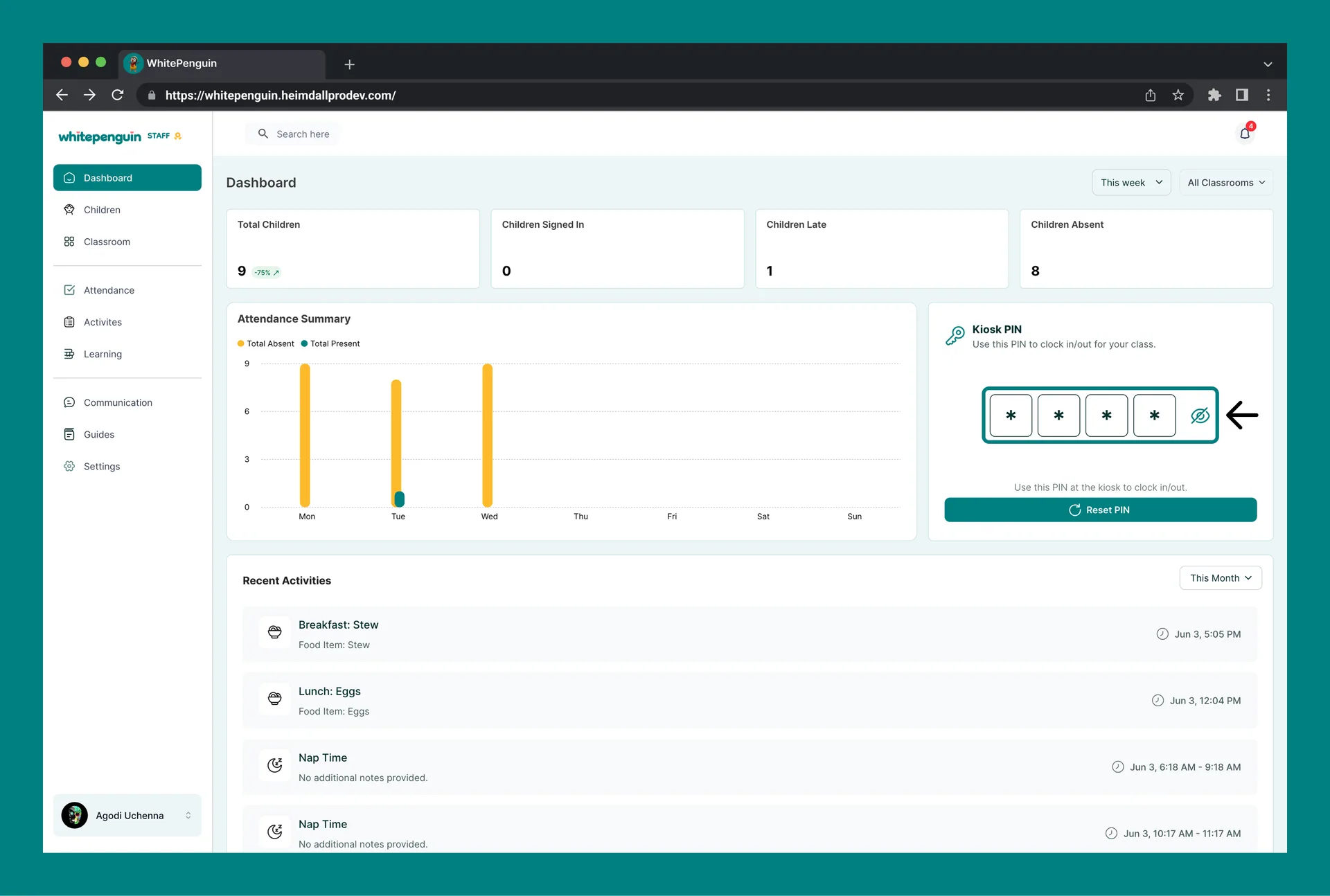 Setup & Reset Kiosk PIN (Admin/ Teacher - Parent) — How to View the Kiosk PIN (Teacher — Dashboard)