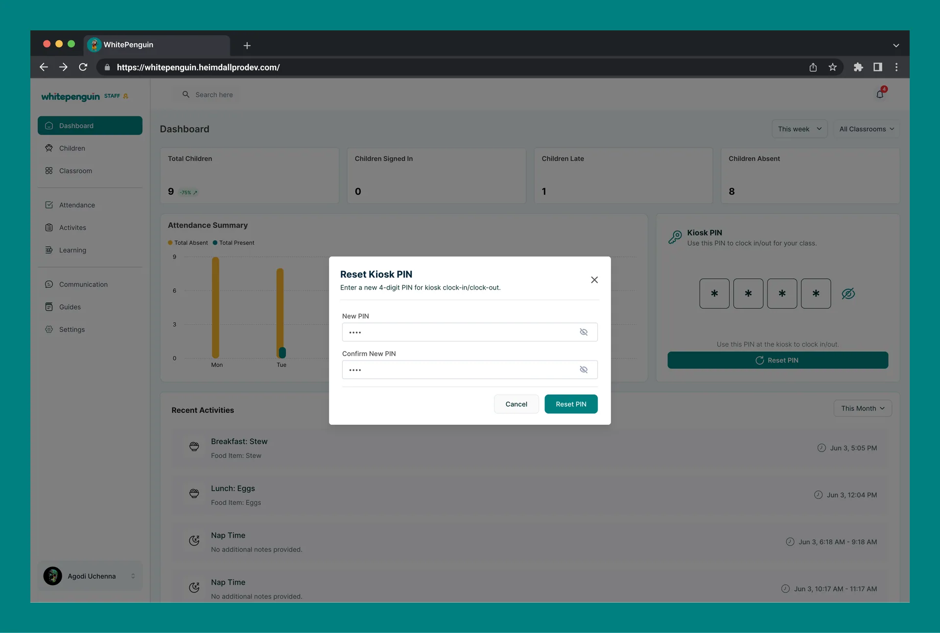 Setup & Reset Kiosk PIN (Admin/ Teacher - Parent) — How to Reset the Kiosk PIN (Teacher — Dashboard)