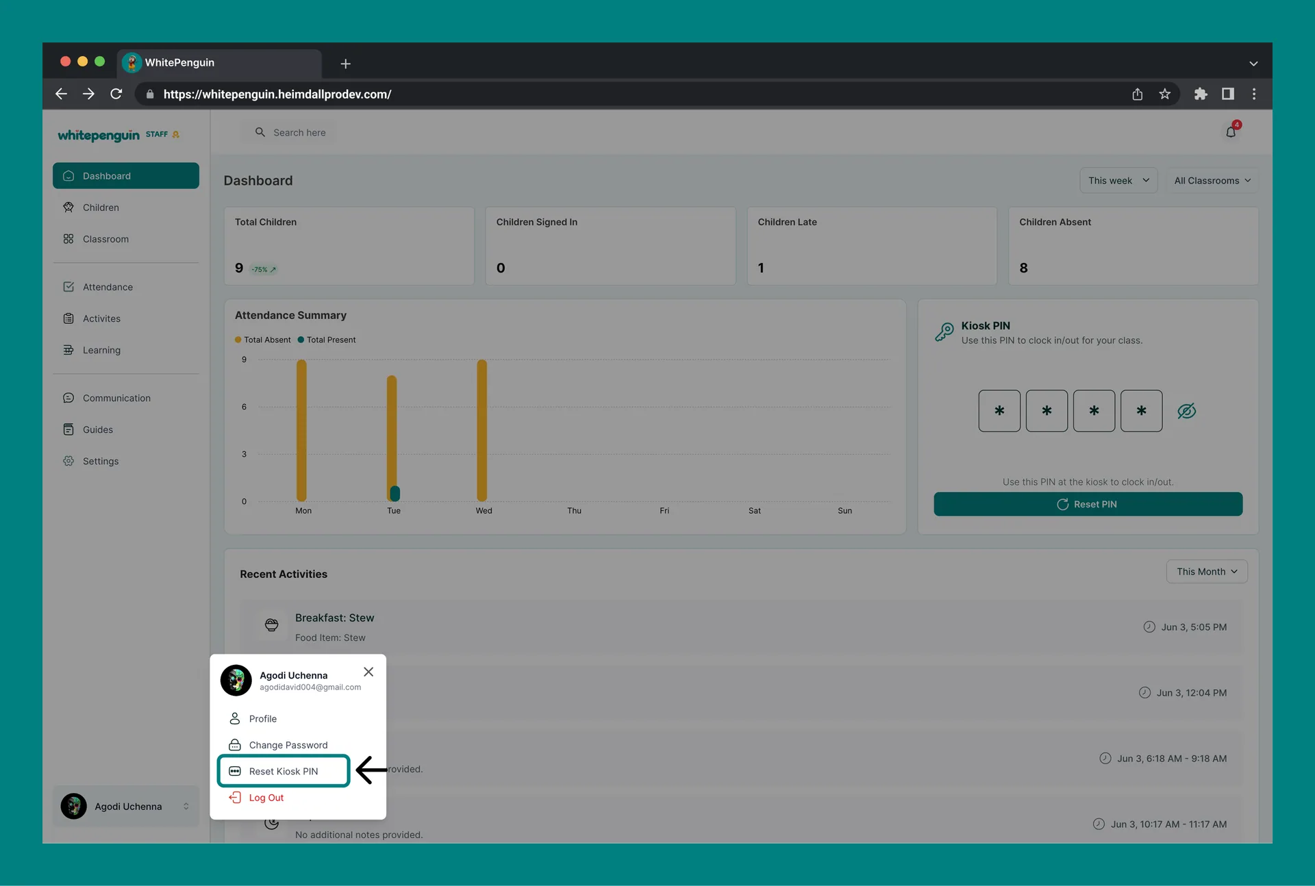 Setup & Reset Kiosk PIN (Admin/ Teacher - Parent) — How to Reset the Kiosk PIN (Teacher — Profile Avatar Menu)