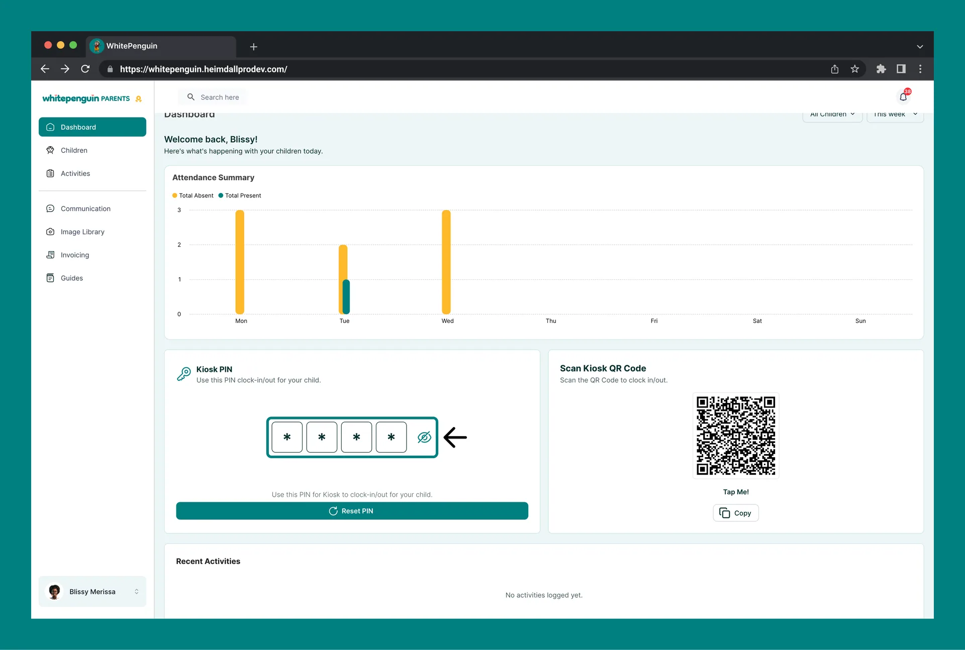 Setup & Reset Kiosk PIN (Admin/ Teacher - Parent) — How to View the Kiosk PIN (Parent — Dashboard)