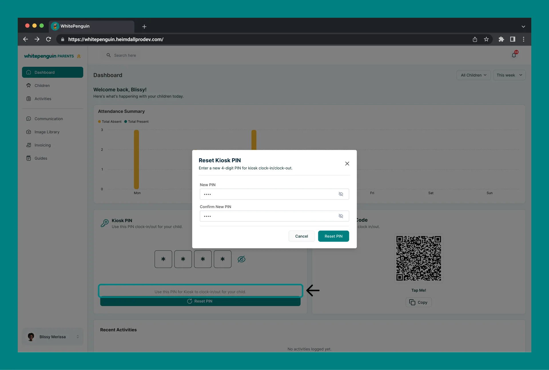 Setup & Reset Kiosk PIN (Admin/ Teacher - Parent) — How to Reset the Kiosk PIN (Parent — Dashboard)