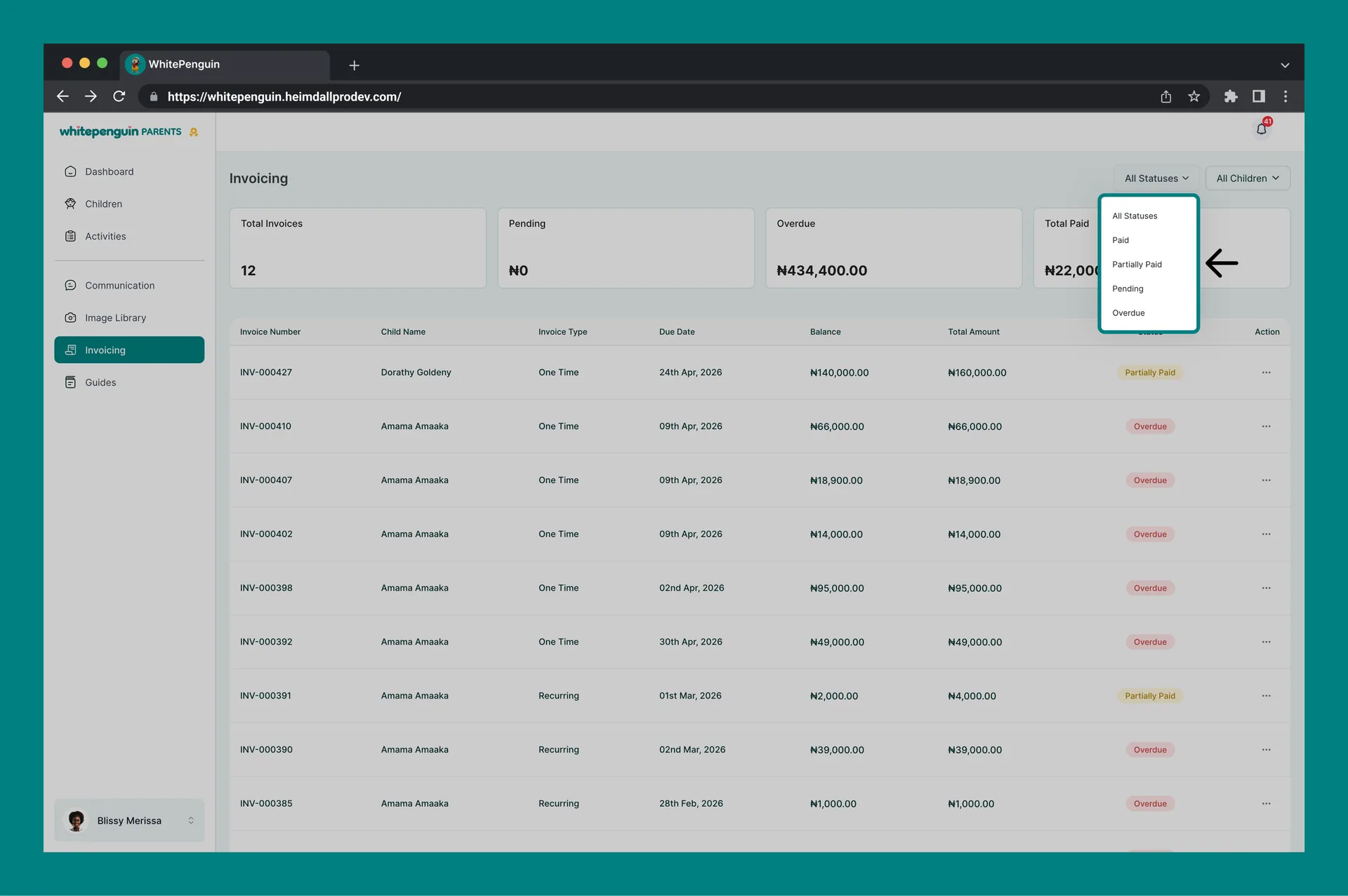 Manage My Invoices — Filters