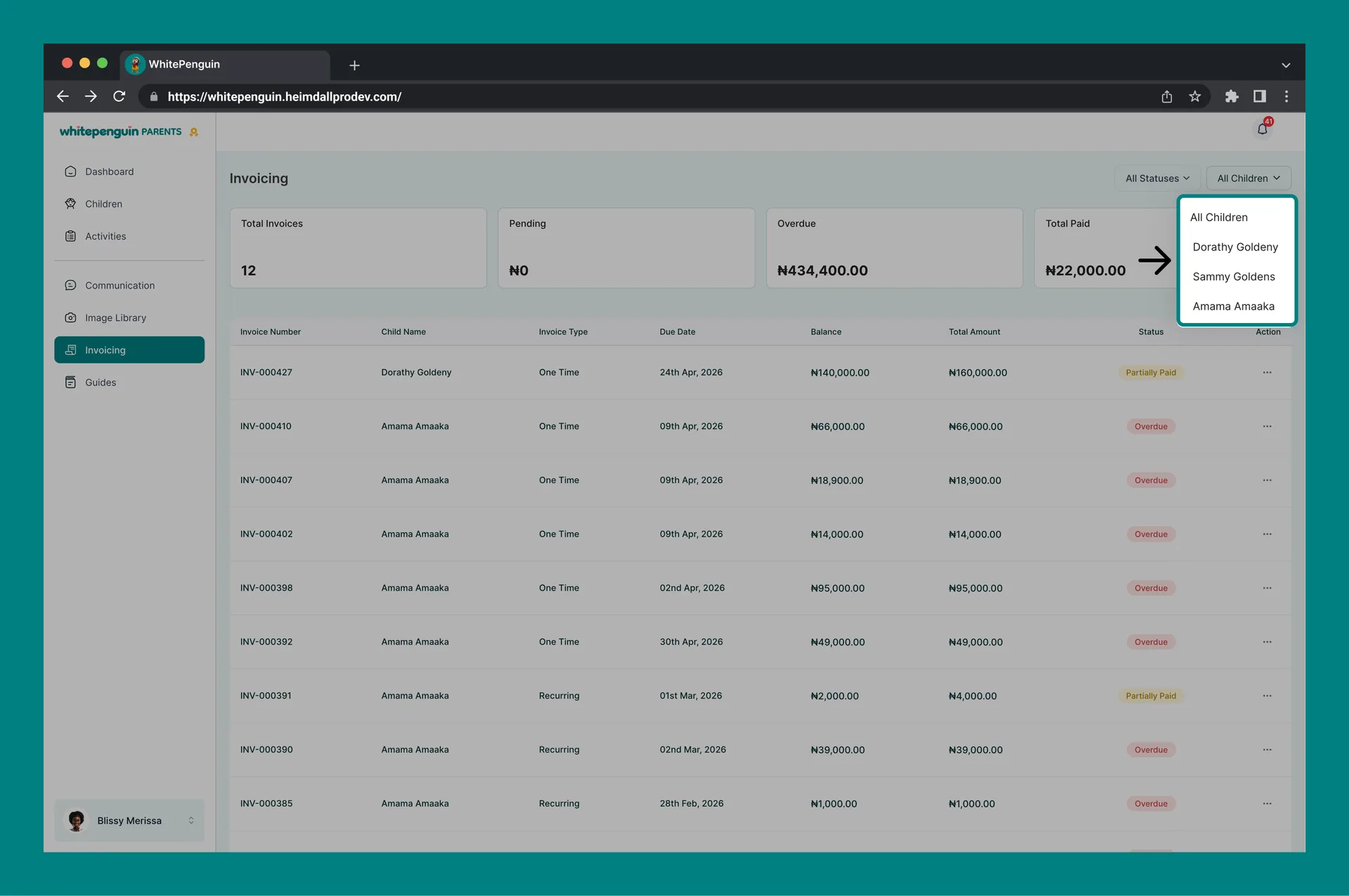 Manage My Invoices — Filters