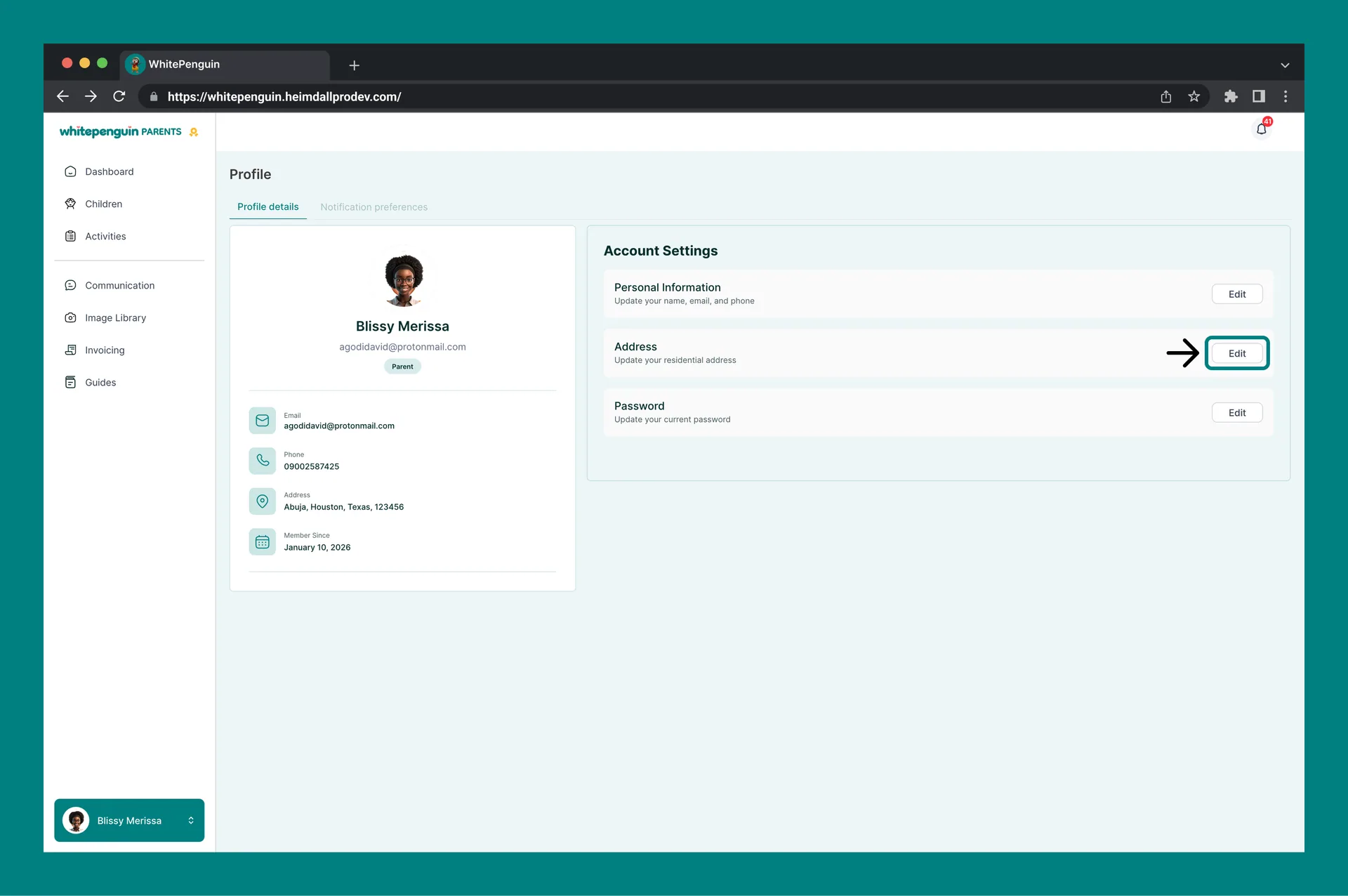 Manage My Profile — Address