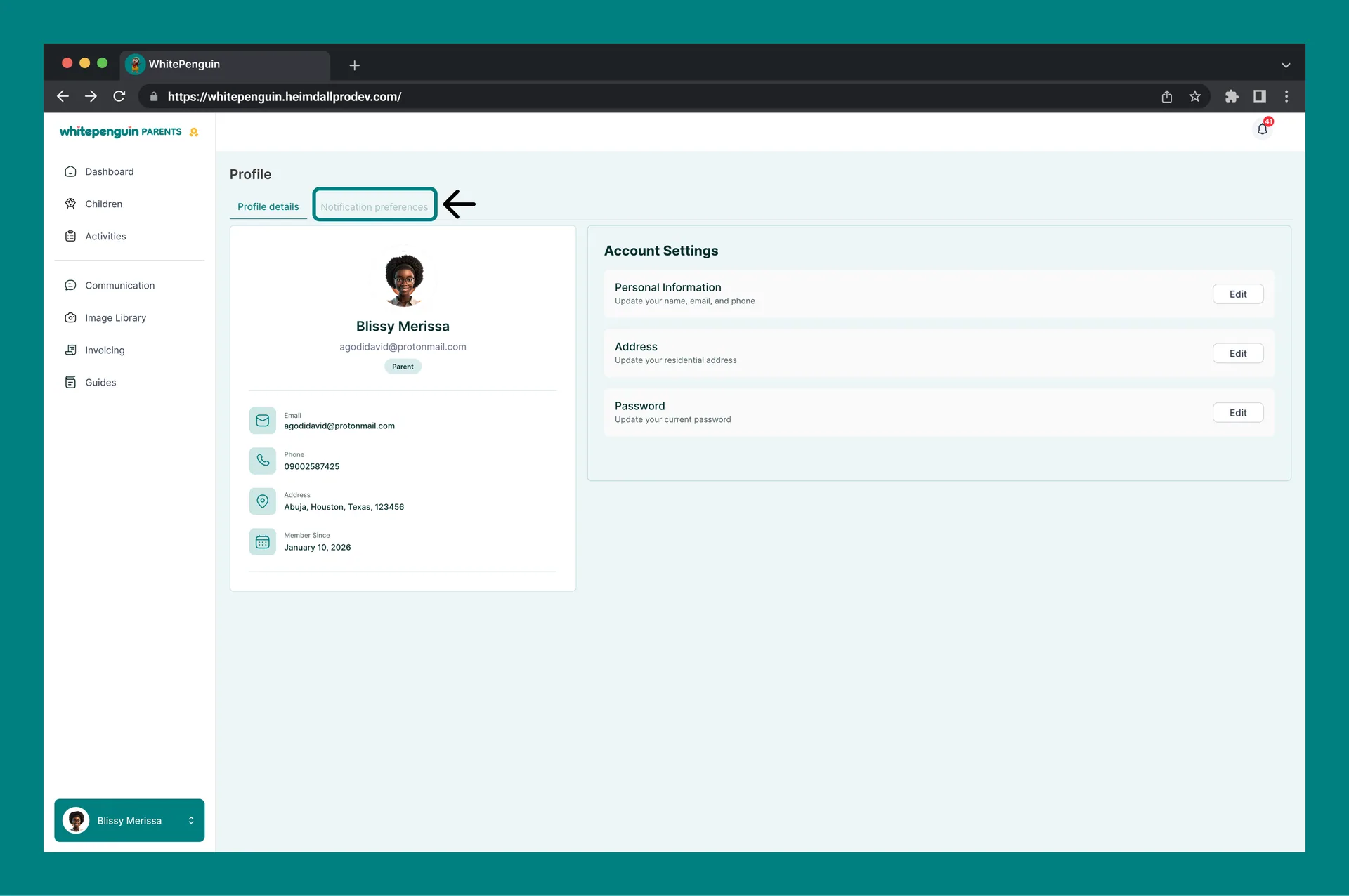 Manage My Profile — Available Notification Types