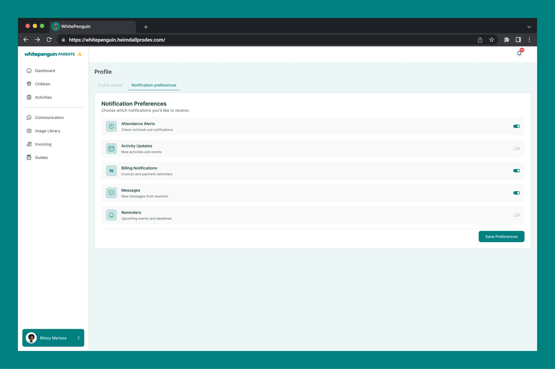 Manage My Profile — Available Notification Types