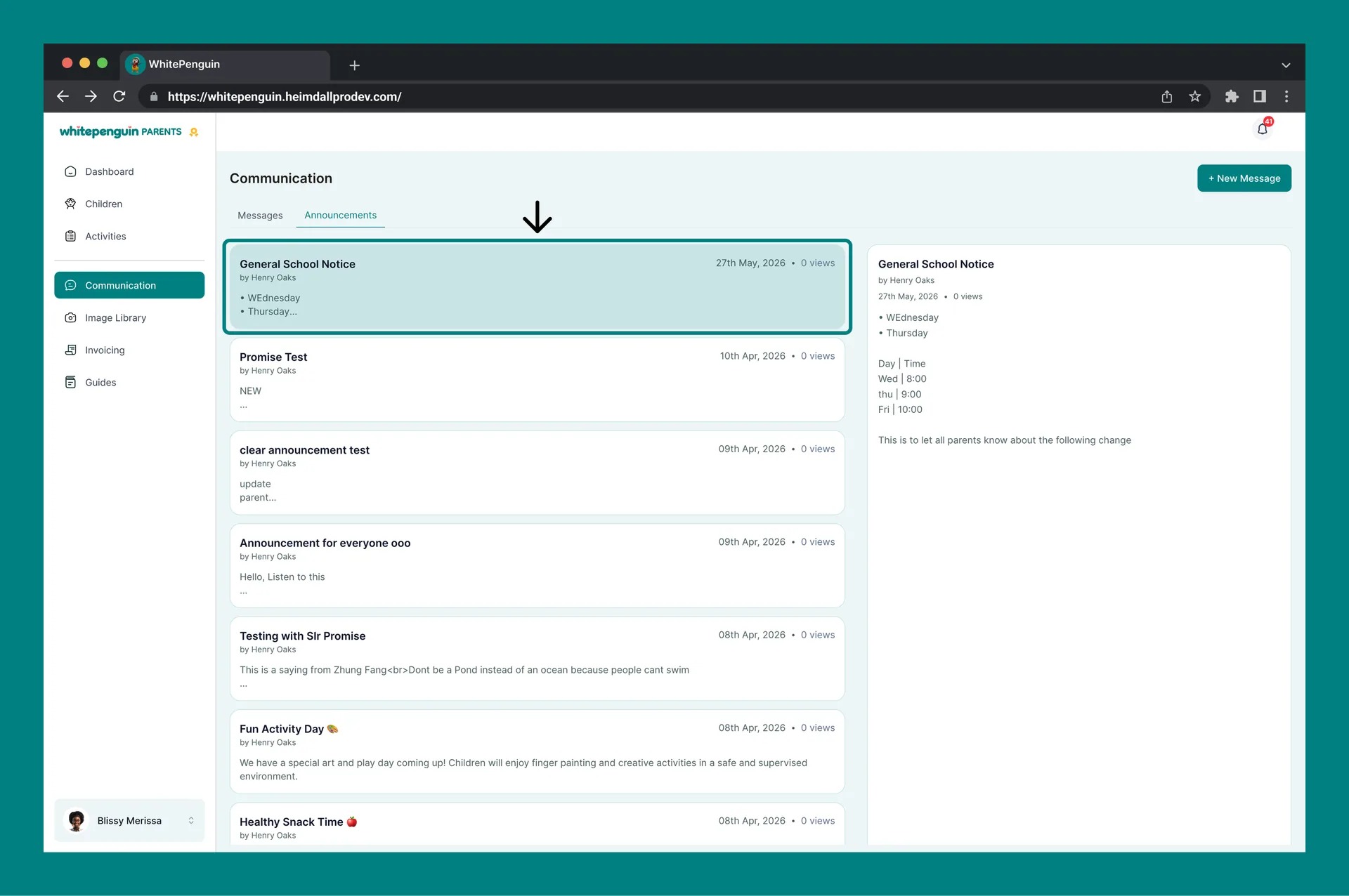 Messaging & Announcements — Announcements List