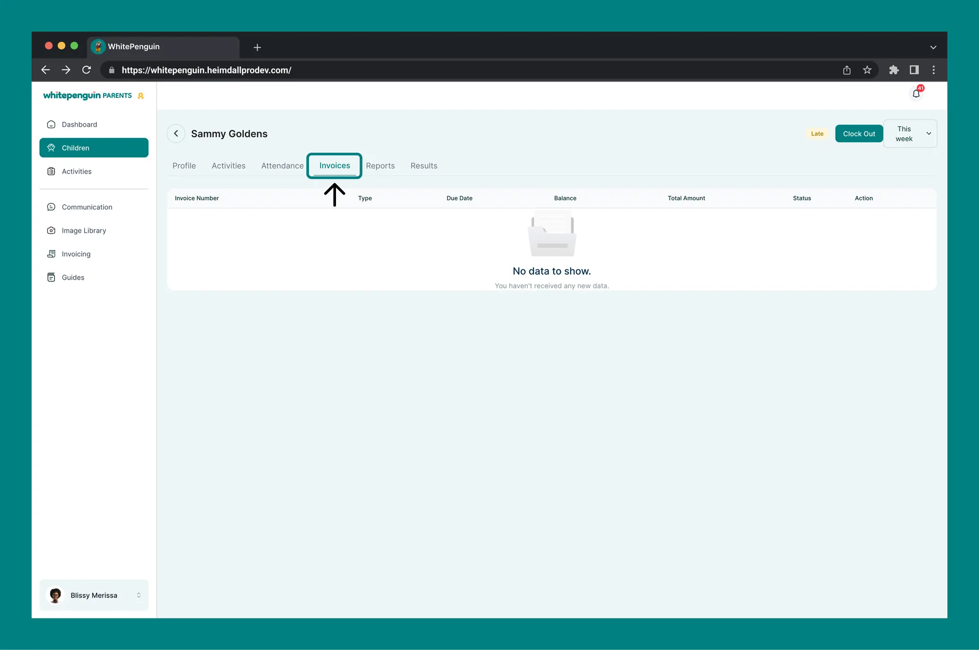 My Child's Profile & Management — Tab 4 — Invoices