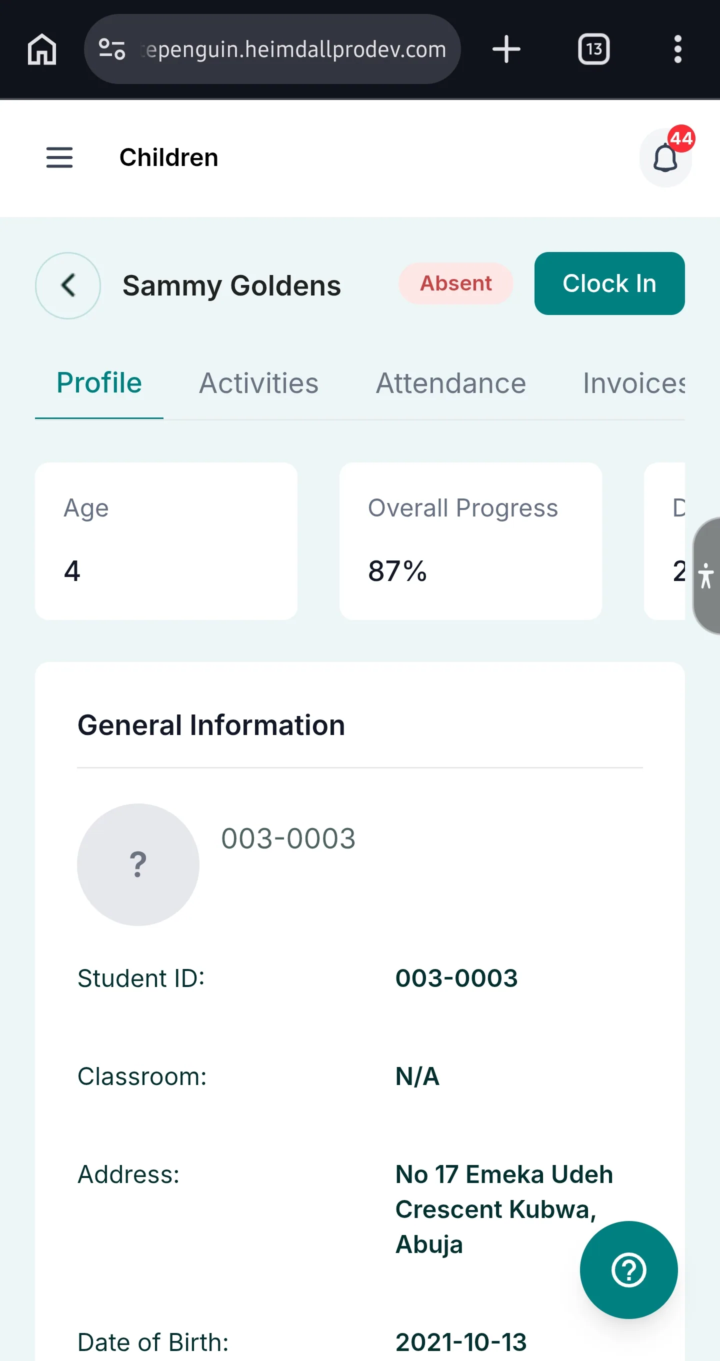 My Child's Profile & Management — Clock In / Clock Out