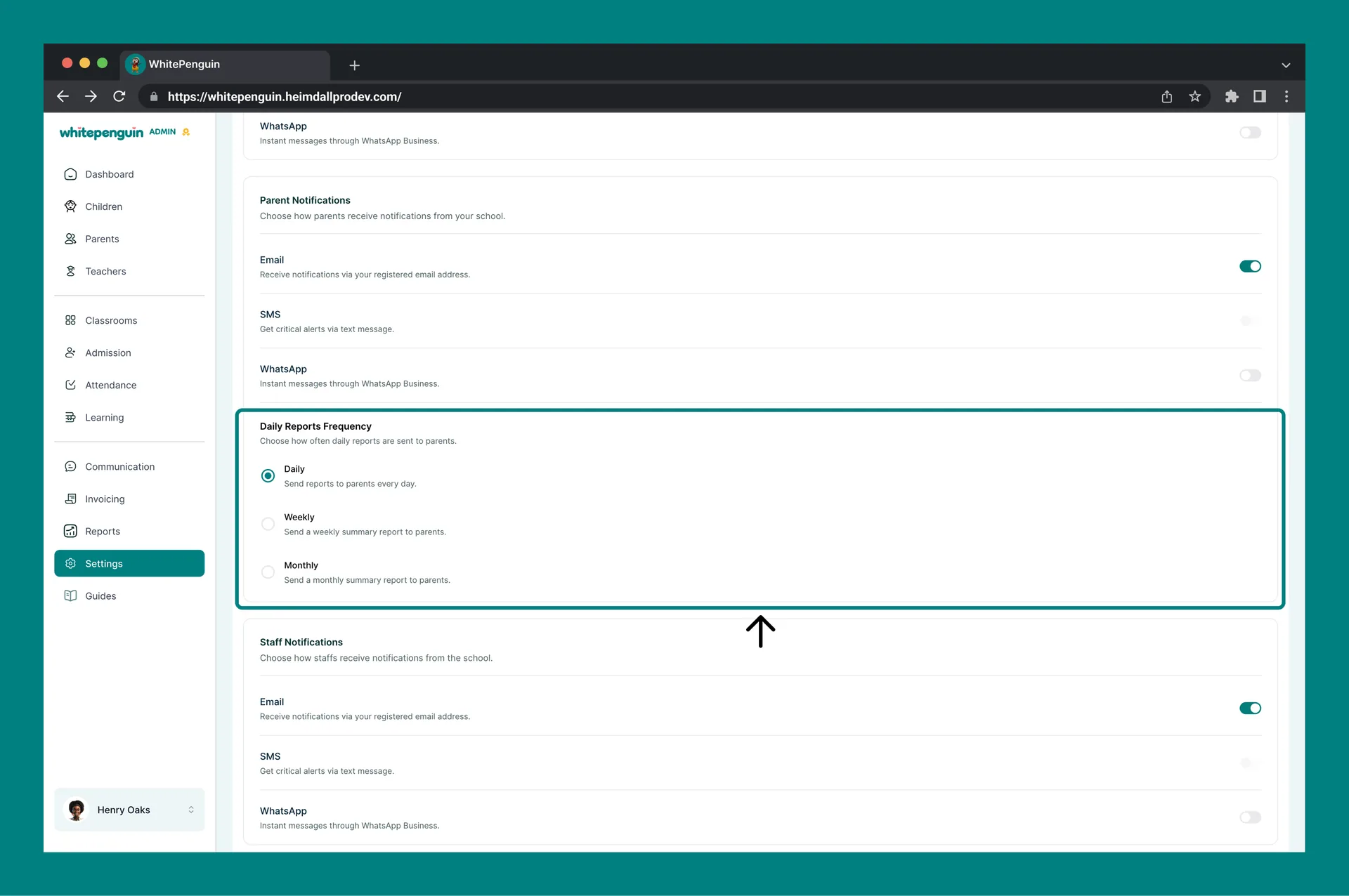 Customize Notifications — Daily Reports Frequency