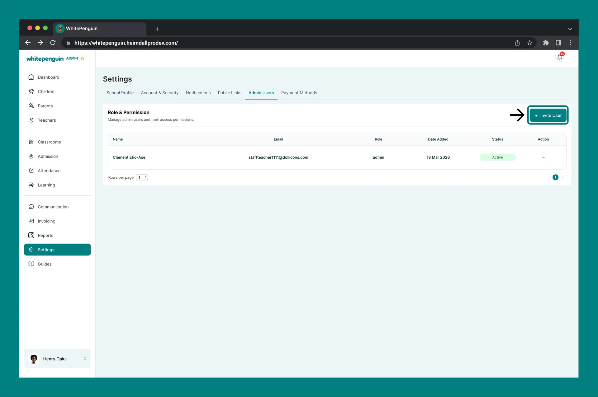 Manage Admin Users — Inviting a New Admin User
