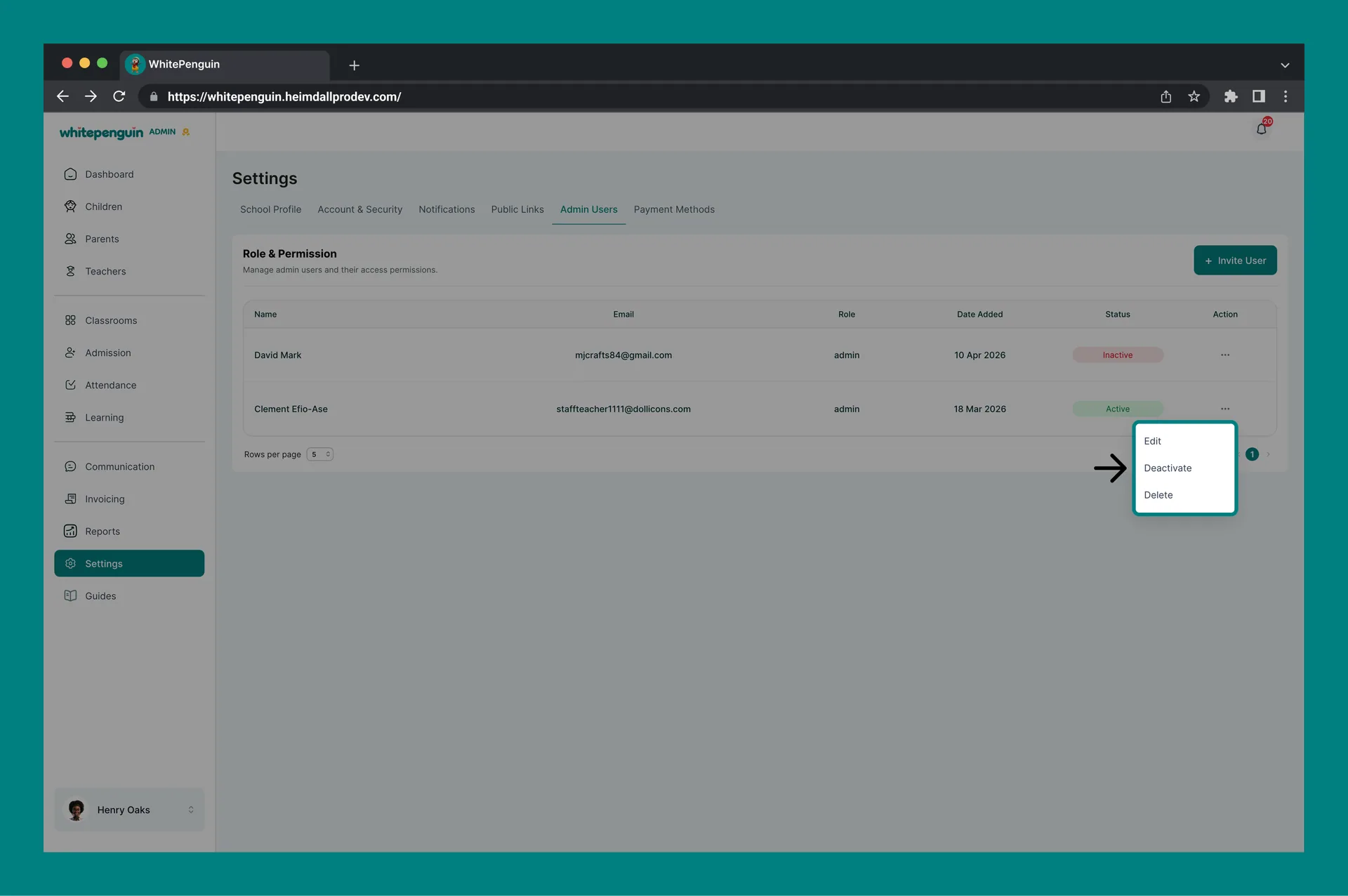 Manage Admin Users — Managing Existing Admin Users