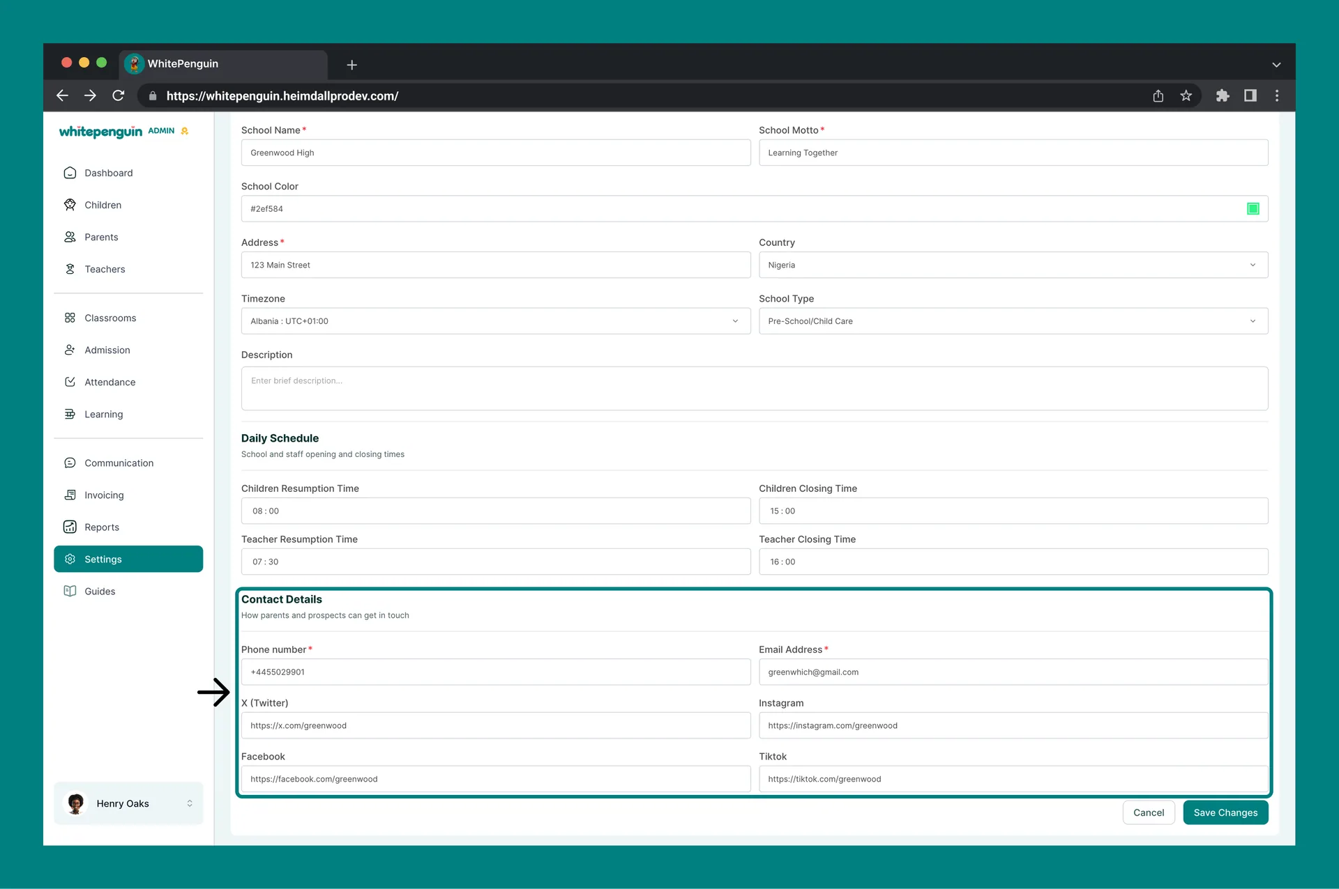 Manage School Profile — Contact Details